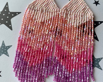 Handmade Bright Peach Pink Purple Ombre Earrings - Tassel Fringe, Sparkling Glass Seed Bead Jewelry