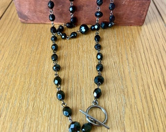 Black Beaded Rosary Style Toggle Necklace: Handmade Layering Jewelry