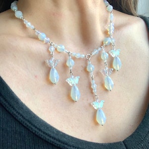 Beaded Opal Butterfly Bib Necklace: Fairycore Cottagecore Collar image 1