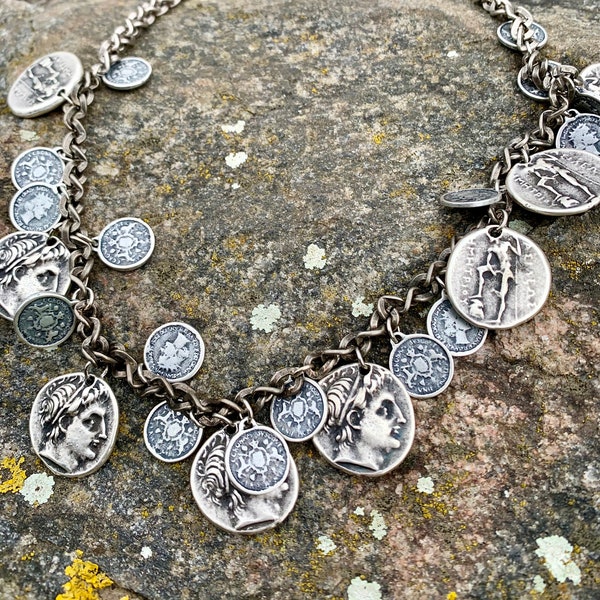 Multi Coin Chunky Necklace | Ancient Greek Medallion | Alexander the Great & Queen Replica | Heavy Metal Statement Piece