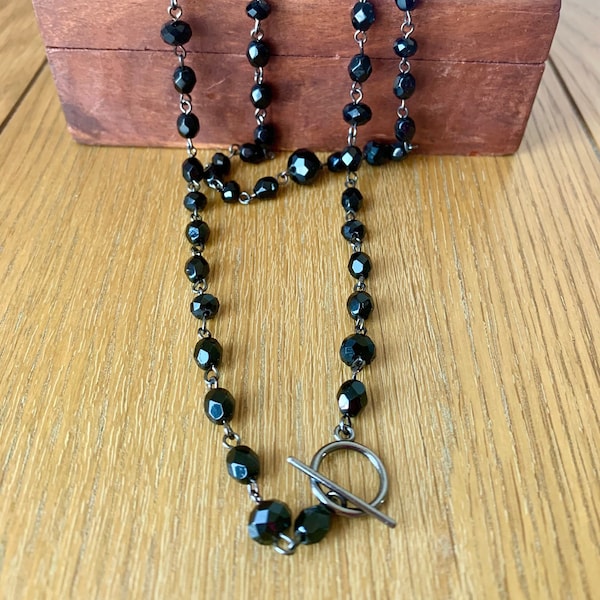 Rosary black toggle necklace,Rosary style Beaded Chain choker,Dainty long short necklace,Layering Wrap necklace,Handmade jewelry,Unique Gift