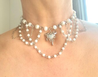 Beaded Heart Choker: Grey Pearl Fairycore Necklace