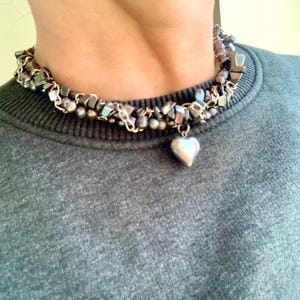 Twisted Chain Heart Pendant Necklace: Gunmetal, Hematite & Freshwater Pearl