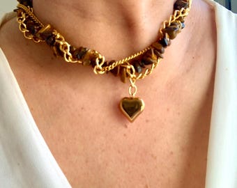 Collana girocollo con pietra preziosa occhio di tigre intrecciata e ciondolo a forma di cuore in oro, collana girocollo con ciondolo a forma di cuore in oro, gioielli Boho