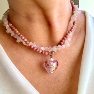 Rose Quartz & Watermelon Gemstone Necklace, Pink Heart Pendant, Romantic blush Bridal Jewelry, Feminine Statement Choker,  Gift for Her