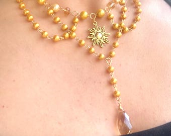 Sunburst Pendant Necklace: Yellow Gold Beaded Fairycore Choker