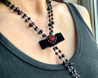 Beaded black rosary necklace, Velvet black ribbon with Beaded cabochon red flower necklace, Double long tail necklace