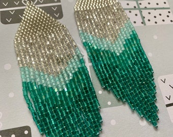 Fringe Beaded Long Tassel Turquoise Green White Glass Seed Bead Earrings - Handmade Jewelry