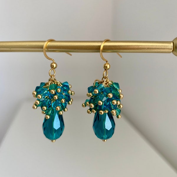 Cluster Crystal Peacock blue teal green gold teardrop dangle earrings. Multi bead Drop Beaded Earrings for Women