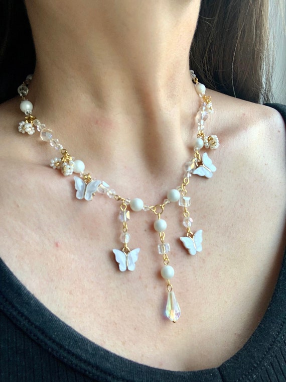 Beaded Butterfly Choker Necklace: White Gold Bib, Fairycore Cottagecore Collar