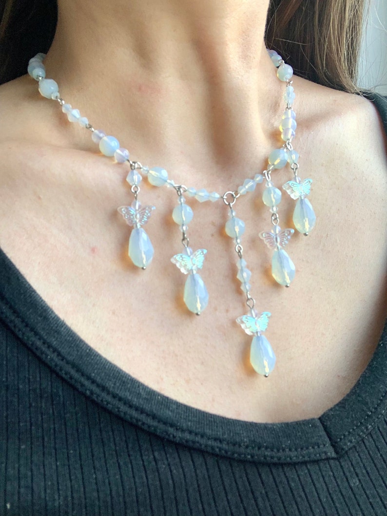 Beaded Opal Butterfly Bib Necklace: Fairycore Cottagecore Collar image 1