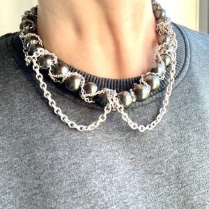 Twisted Chain Metallic Necklace, Chunky Multi Chain Multilayer Choker Punk Necklace, Grunge Layered Goth Gunmetal Cluster Collar