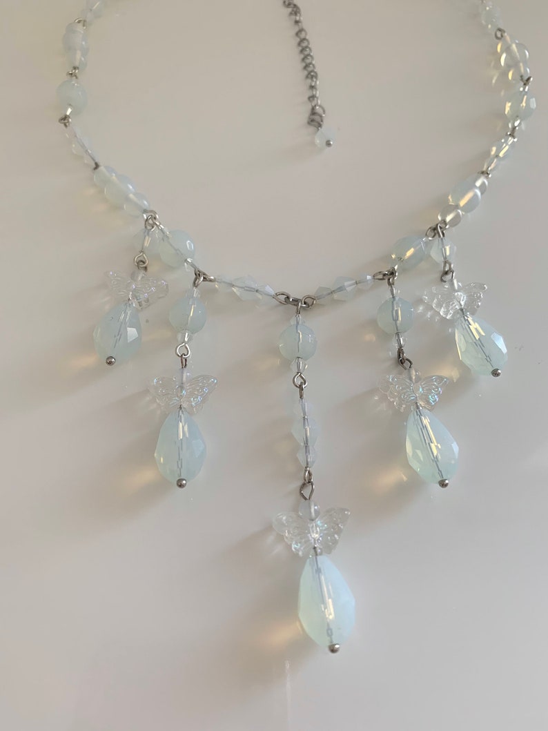 Beaded Opal Butterfly Bib Necklace: Fairycore Cottagecore Collar image 5