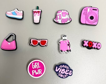Pink Girl Shoe Charm, Girl Power, Bag, Hat, Camera, Sunglasses, xoxo, Handbag shoe charm