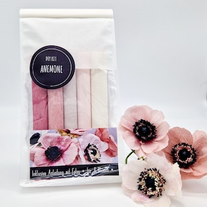 May include: A DIY kit for crafting anemone flowers. The kit includes rolls of pink and white crepe paper, a card with flower images, and finished paper anemones. The kit is packaged in a clear bag with a black and white label that reads "DIY KIT ANEMONE".