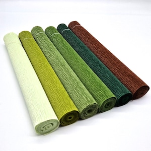 May include: Seven rolls of crepe paper in various shades of green and brown. The colors range from light green to dark forest green and a final roll of brown. The paper has a textured, crinkled surface, and is rolled up.