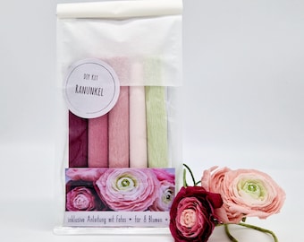 Ranuncolo fatto di carta crespa in un kit fai da te / Kit di bricolage per 8 fiori / Ranuncolo fatto di carta crespa in un kit fai da te