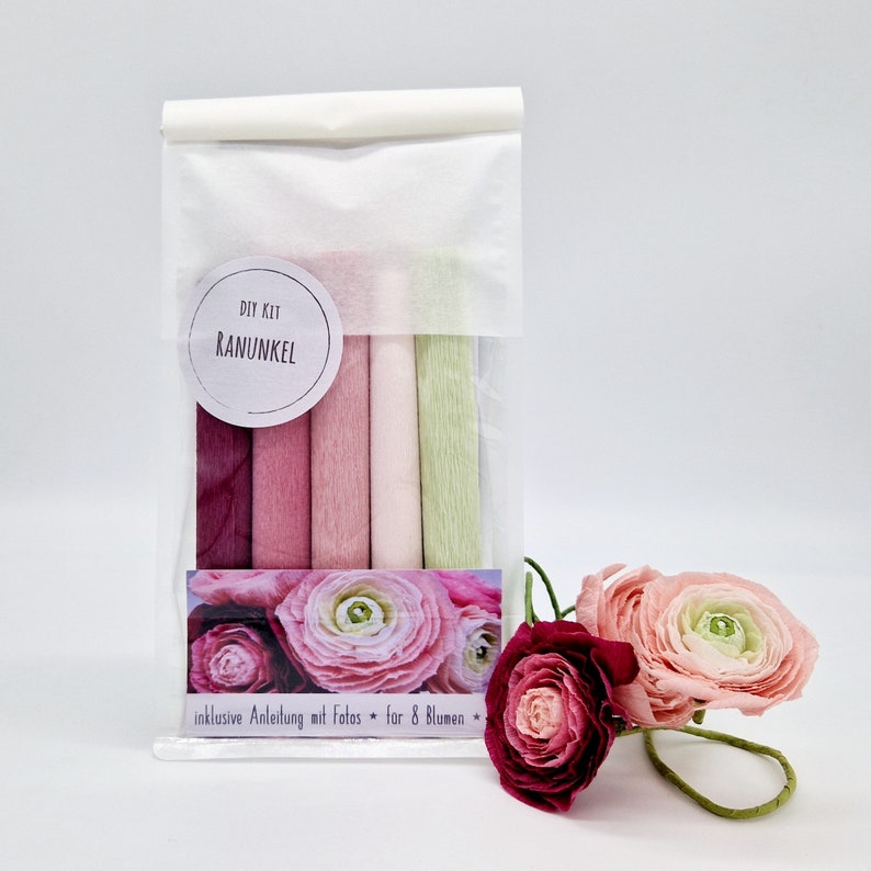 Ranunculus made of crepe paper in a DIY kit / craft package for 8 flowers image 1