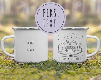 Personalisiertes Geschenk Camping Tasse Vanlife Campervan Bulli Tasse Emaille Tasse personalisiert Natur Wohnmobil Emailletasse Van Line Art