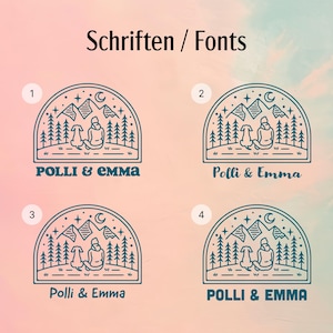 May include: Four variations of a logo design featuring a woman and a dog sitting in front of a mountain range with a crescent moon and stars in the sky. The text "POLLI & EMMA" is displayed below the logo in different font styles.