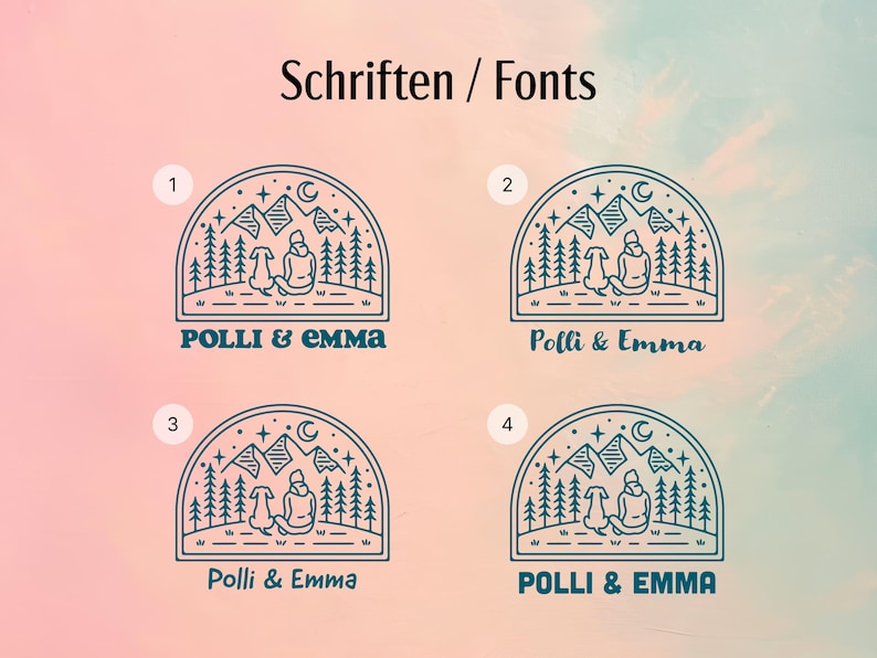 May include: Four variations of a logo design featuring a woman and a dog sitting in front of a mountain range with a crescent moon and stars in the sky. The text "POLLI & EMMA" is displayed below the logo in different font styles.