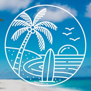 Palm Tree Beach Surfing Sticker Bumper Sticker Camper Travel RV Sticker Decal