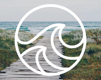 May include: A white outline of a wave in a circle, superimposed over a wooden walkway leading to a beach with blue water and green grass.