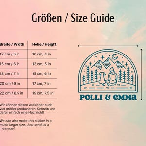 May include: Size guide for a sticker featuring a line drawing of a person and a dog sitting in front of a mountain range with trees. The sticker is available in five sizes ranging from 5 to 8.5 inches wide and 4 to 7.5 inches high. The text "POLLI & EMMA" is below the image.