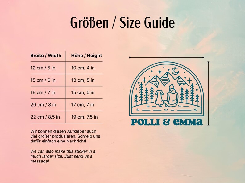 May include: Size guide for a sticker featuring a line drawing of a person and a dog sitting in front of a mountain range with trees. The sticker is available in five sizes ranging from 5 to 8.5 inches wide and 4 to 7.5 inches high. The text "POLLI & EMMA" is below the image.