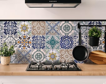 Tile stickers and furniture film Lisbon for kitchen, bathroom & furniture as a set of 12, waterproof, scratch-resistant, and self-adhesive