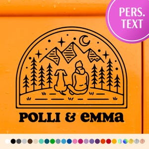 May include: Black and white line art illustration of a person and a dog sitting in front of a mountain range with trees. The text "PoLLI & EMMA" is below the illustration.
