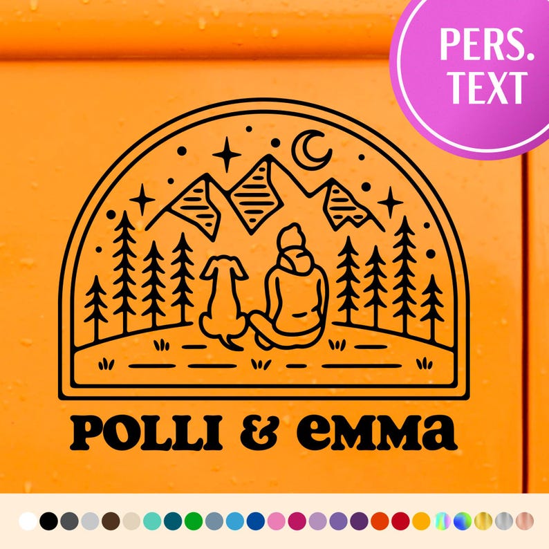 May include: Black and white line art illustration of a person and a dog sitting in front of a mountain range with trees. The text "PoLLI & EMMA" is below the illustration.