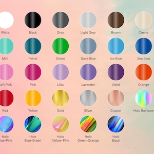 May include: A chart of 24 different colored circles with names underneath each circle. The colors include white, black, grey, light grey, brown, creme, mint, petrol, green, dove blue, ice blue, sea blue, soft pink, pink, lilac, lavender, violet, orange, red, yellow, gold, silver, copper, and holo rainbow.