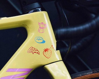 防水ビニール製自転車ステッカー＆デカール：ピザ、パスタ、コーヒー好きのためのグルメステッカーセット（グラベルバイク、ロードバイク用）