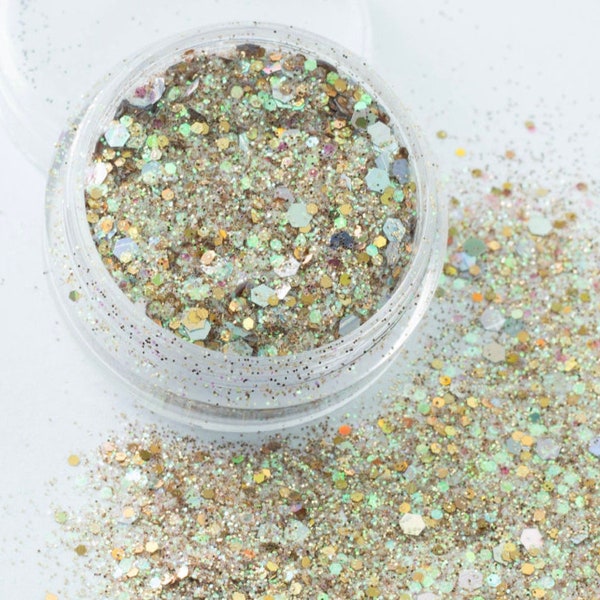 Golden Sands Chunky Cosmetic Mixed Glitter - Festival Dance MUA Eye Shadow Face Body Nail Art Tattoo Clubbing Nail Glitter