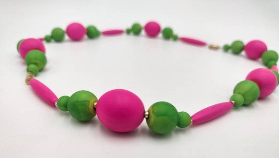 Vintage Neon Pink and Green Wood Beaded Necklace … - image 2