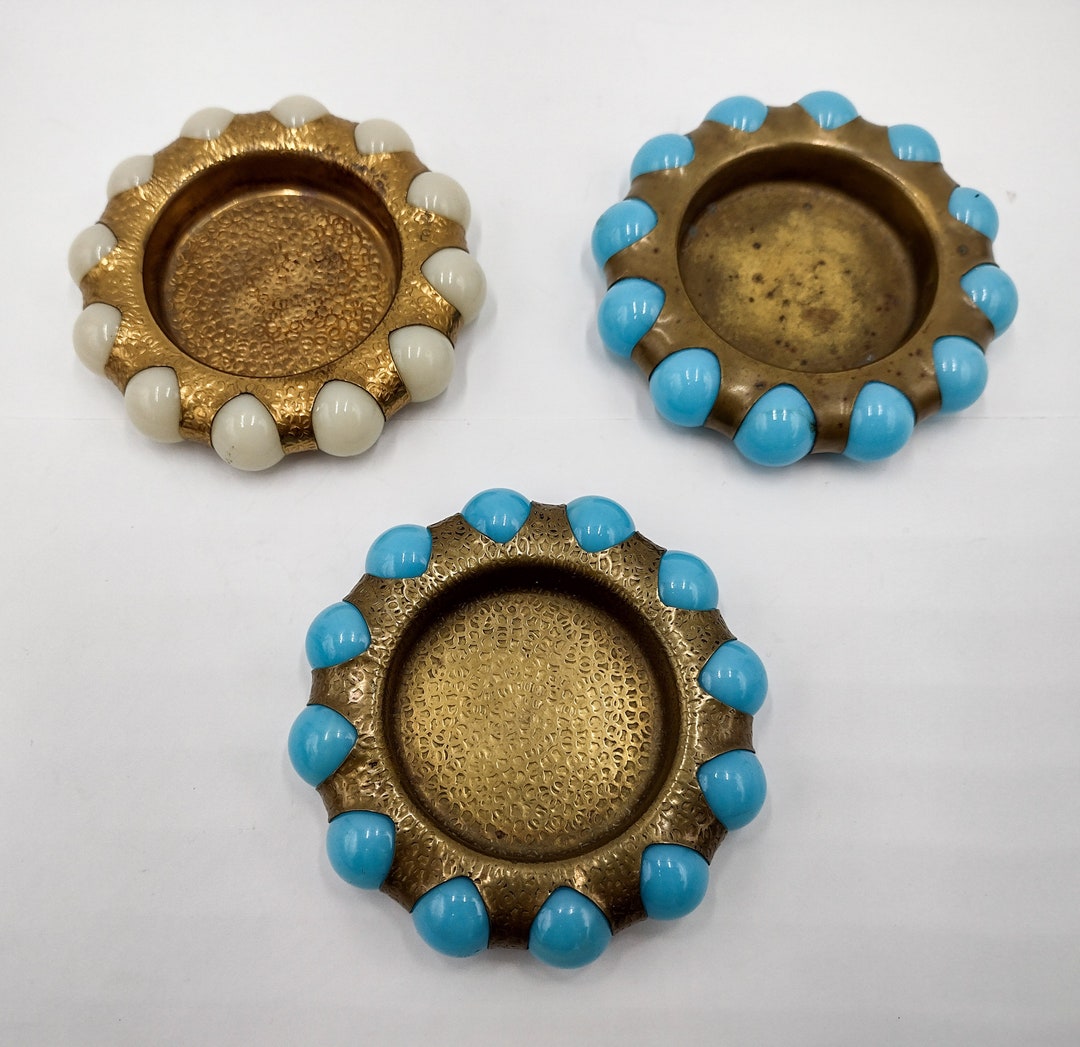 1930's Fisher Jewel Tray Agate Marble Border Gold Brass Metal Smooth