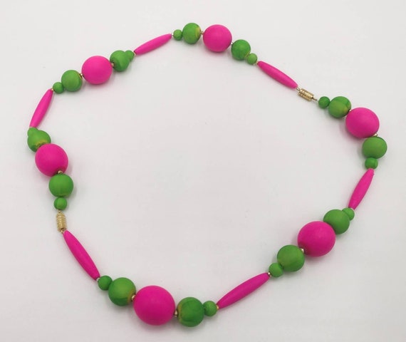 Vintage Neon Pink and Green Wood Beaded Necklace … - image 1