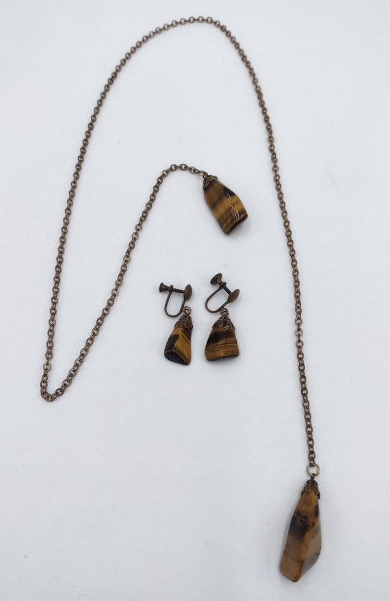 Vintage Tigers Eye Open Stand Necklace and Earring