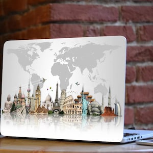 Adesivo per laptop con mappa del mondo, motivo grigio, per notebook, vinile Dell XPS HP Envy Lenovo Asus Vivobook Acer Spin, copertura totale, alla moda