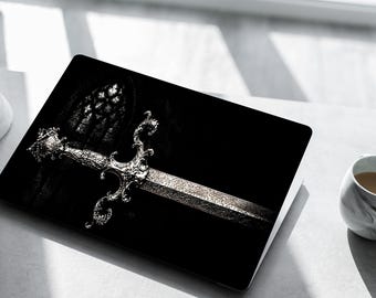 Gothic Sword Laptop Decal for HP Dell Lenovo Asus | Dark Fantasy Blade PC Skin Silver Engraved Medieval Weapon Sticker Gamer Gift