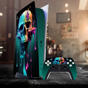 May include: A green and black PlayStation 5 console with a colorful skull design on the front. The console is standing upright on a black stand. A matching green and black PlayStation 5 controller is in front of the console.