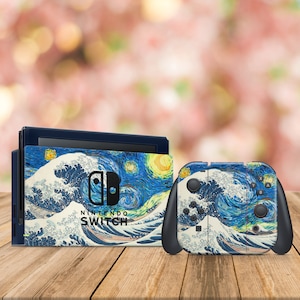 May include: A Nintendo Switch console and controller skin featuring a colorful, abstract design inspired by the famous artwork "The Great Wave off Kanagawa" by Japanese artist Hokusai. The design includes a blue wave, white foam, and a starry night sky.