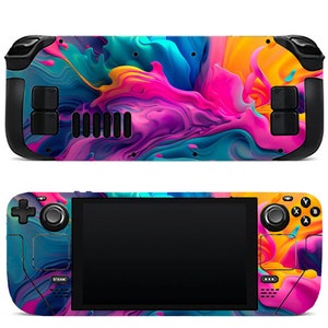 May include: A handheld games console with a colourful, abstract design. The console has a black screen and buttons, with a pattern of swirling blues, pinks, and yellows covering the exterior. The design is repeated on the top and bottom of the device.