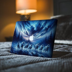 May include: A laptop computer with a blue and white wolf design on the case. The design features a pack of wolves howling at the moon in a snowy forest.