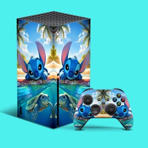 May include: A blue and white Xbox Series X console and matching controller featuring a Stitch design. The console has a black top with a honeycomb pattern. The controller has black buttons and directional pad.
