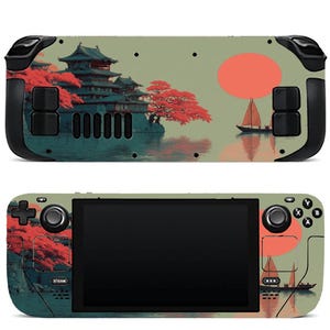 May include: A handheld gaming console skin featuring a Japanese landscape design. The skin showcases a temple, red trees, a setting sun, and a sailboat on a body of water. The console has black controls and a black screen.