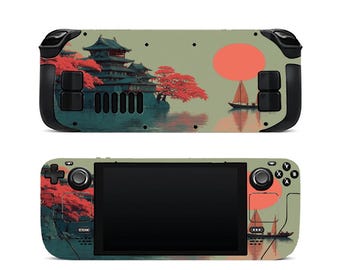 Japanese Steam Deck Skin / OLED Decal - Pagoda, Boat Vinyl Wrap Traditional Asian Art Aesthetic Gaming Sticker Autumn Red Leaves Steam skin