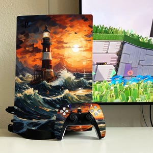Sticker pour console et manette Lighthouse Sunset PS5 Pro, film vinyle Stormy Ocean pour PS5 mince/numérique, sticker pour console Nautical Painterly PS4 Pro