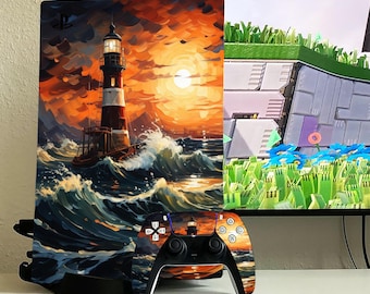Lighthouse Sunset PS5 Pro Skin & Controller Decal, Stormy Ocean Vinyl Wrap for PS5 Slim/Digital, Nautical Painterly PS4 Pro Console Sticker
